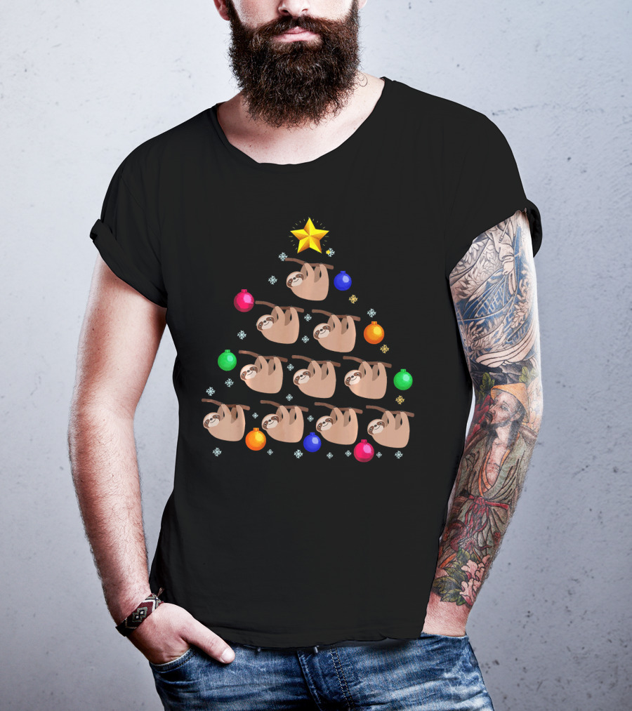 Sloth Hanging On Christmas Tree Ornaments With Star And Snowflakes T-Shirt