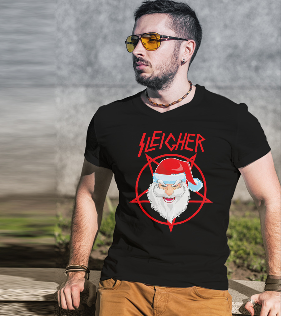 Sleigher Santa Claus Metal Christmas Coo Pentagram Santa Hat T-Shirt
