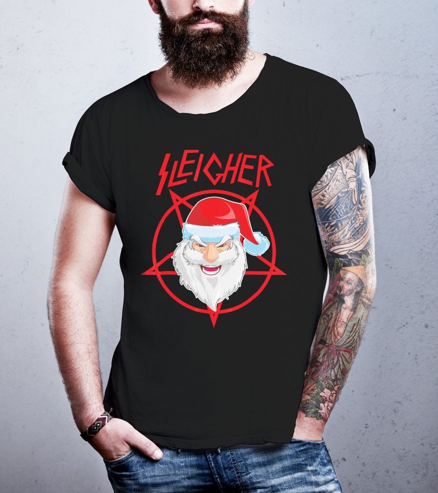 Sleigher Santa Claus Metal Christmas Coo Pentagram Santa Hat T-Shirt