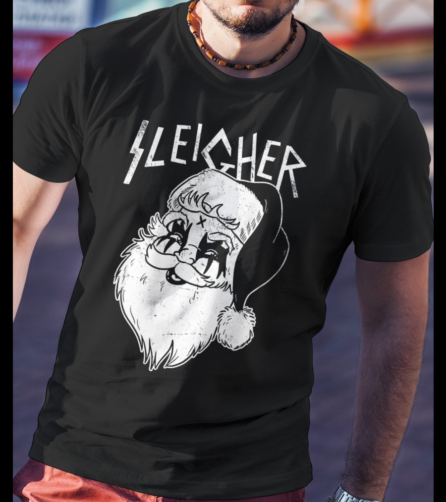Sleigher Funny Christmas Black Metal Santa T-Shirt