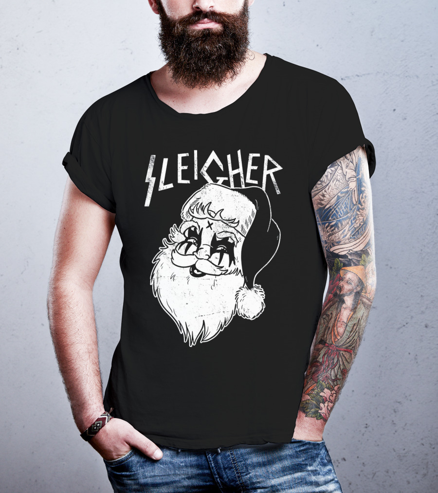 Sleigher Funny Christmas Black Metal Santa T-Shirt