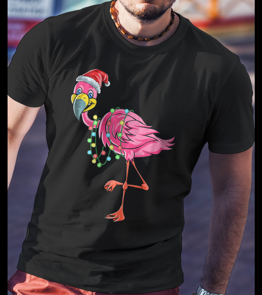 Christmas Flamingo Santa Hat Festive Lights Fun T-Shirt