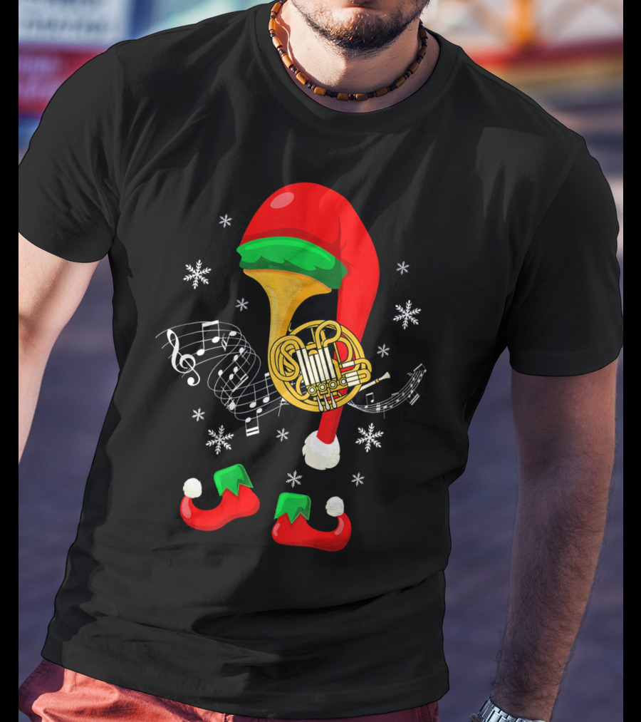 Elf French Horn Music With Christmas Hat And Shoes T-Shirt
