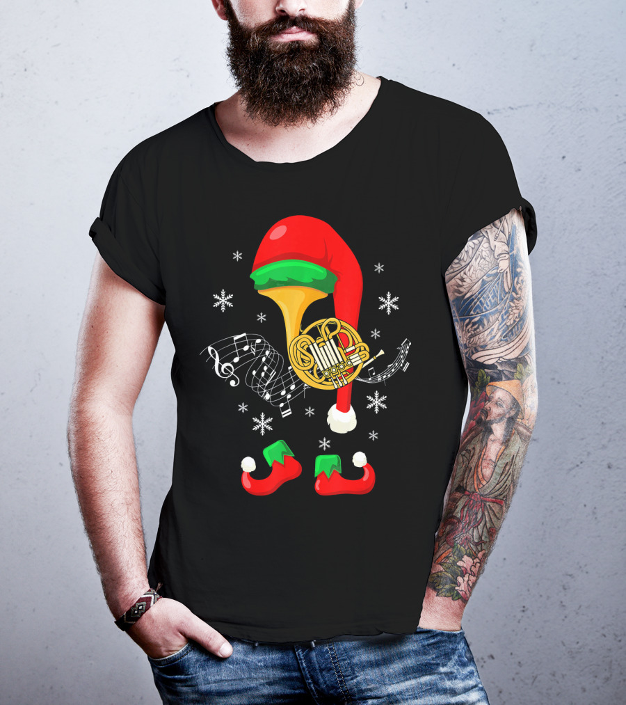 Elf French Horn Music With Christmas Hat And Shoes T-Shirt