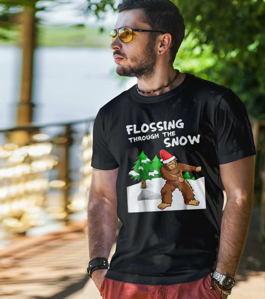 Flossing Through The Snow Bigfoot Santa Hat Winter Scene T-Shirt