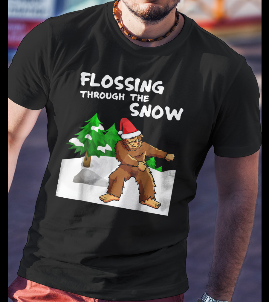 Flossing Through The Snow Bigfoot Santa Hat Winter Scene T-Shirt