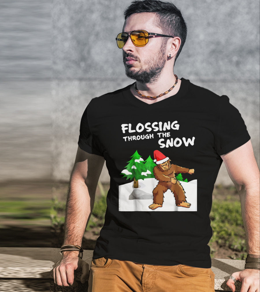 Flossing Through The Snow Bigfoot Santa Hat Winter Scene T-Shirt