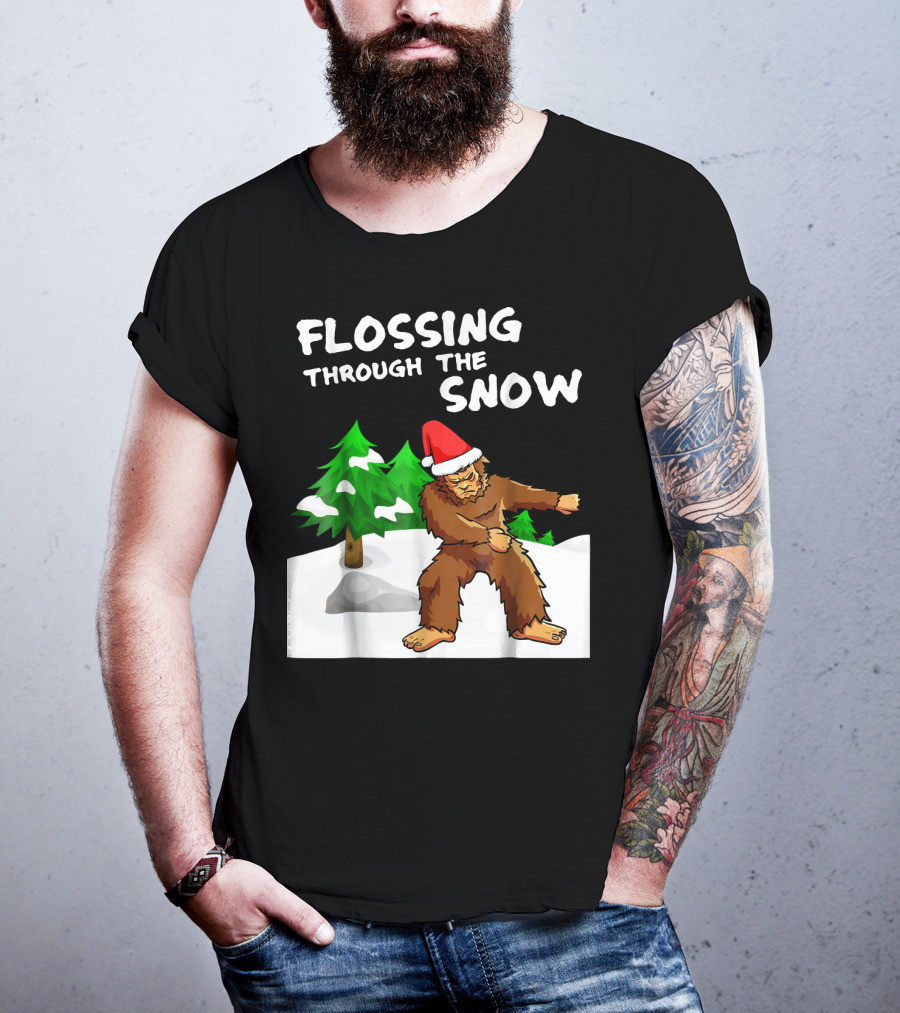Flossing Through The Snow Bigfoot Santa Hat Winter Scene T-Shirt