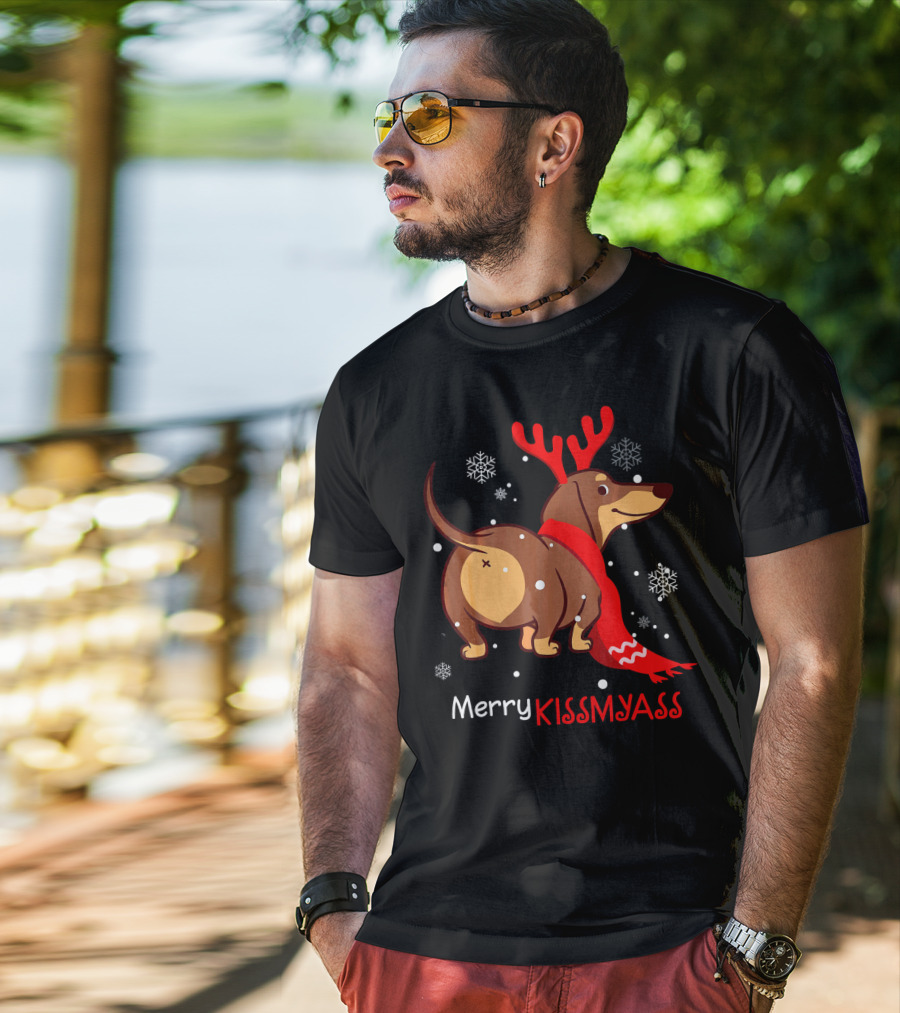 Funny Dog Dachshund Christmas Merry Kiss My Ass T-Shirt