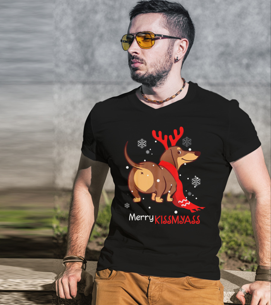 Funny Dog Dachshund Christmas Merry Kiss My Ass T-Shirt