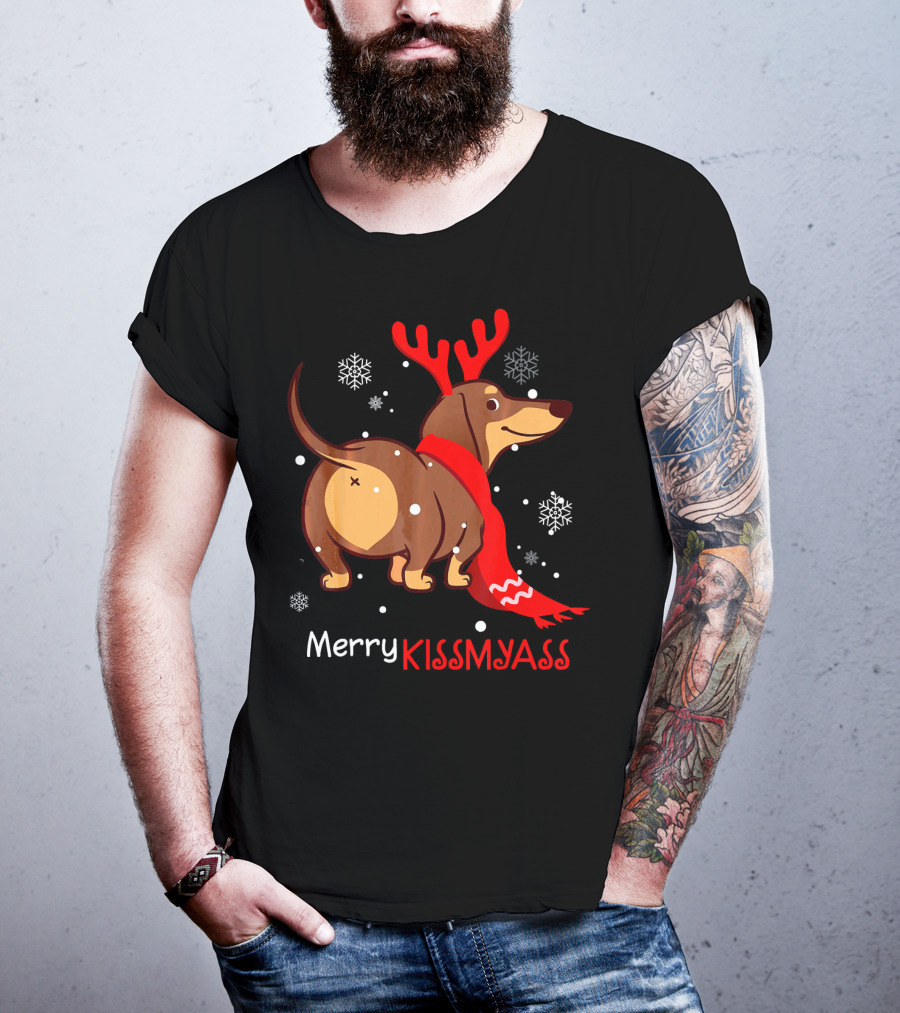 Funny Dog Dachshund Christmas Merry Kiss My Ass T-Shirt