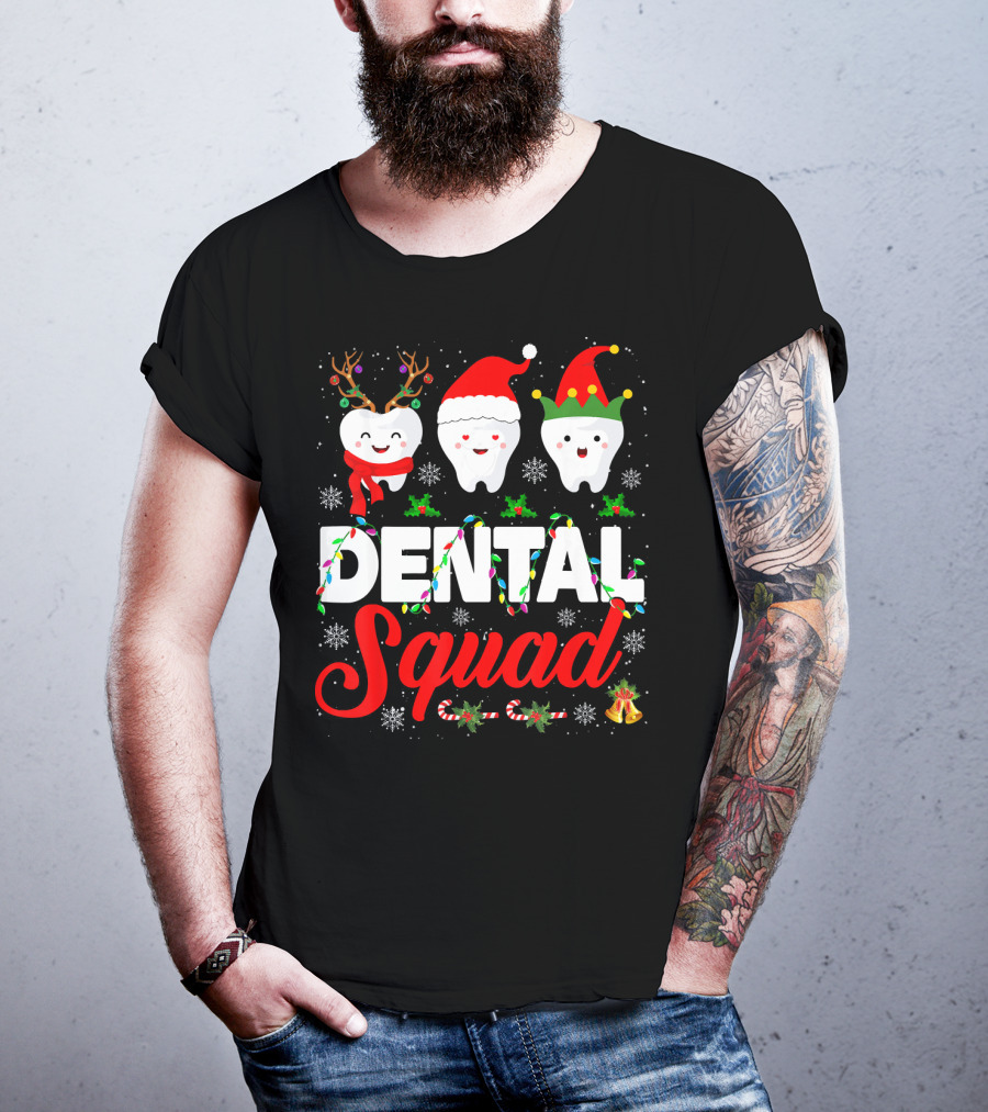 Dental Squad Funny Hygienist Dentist Love Christmas Themed Tooth Characters T-Shirt