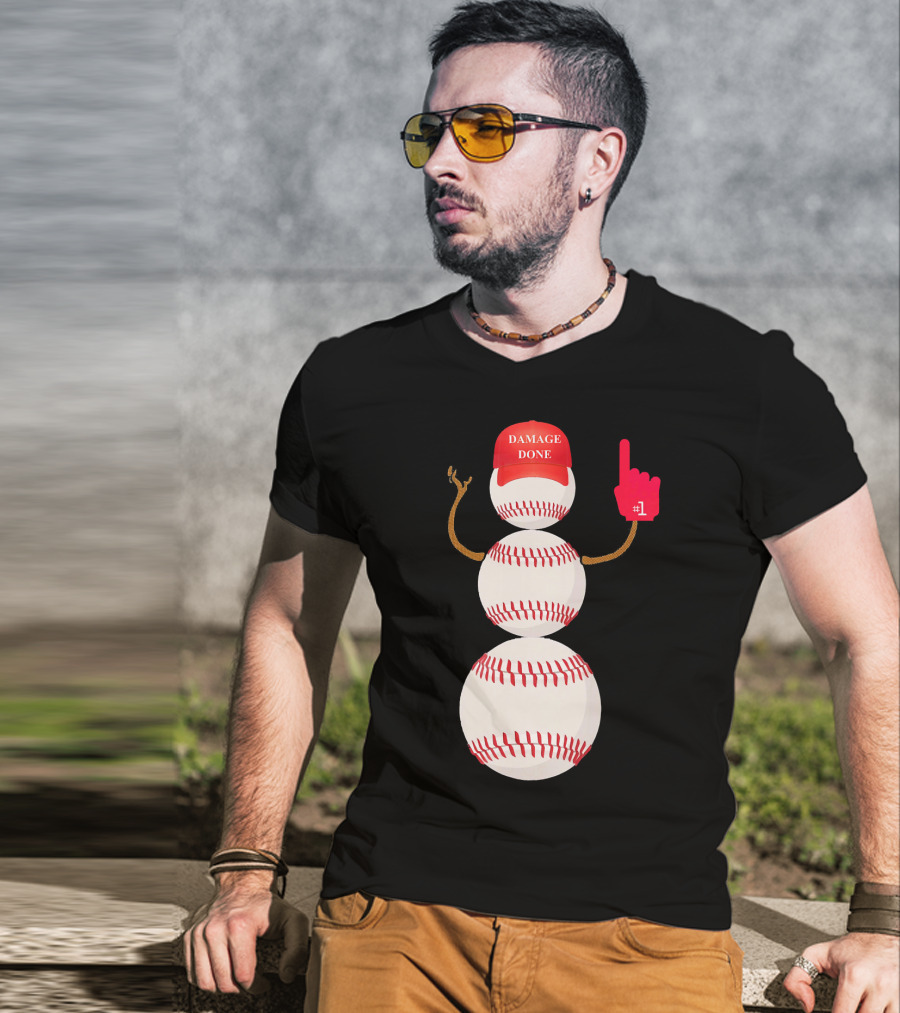 Damage Done Baseball Snowman With Red Cap And Foam Finger T-Shirt
