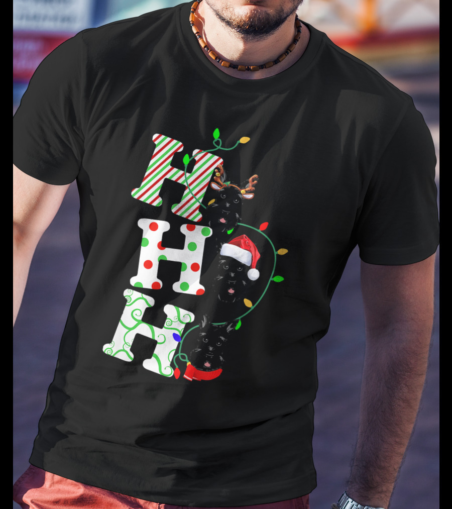 Scottish Terrier Ho Ho Ho Christmas Lights Santa Hat And Antlers T-Shirt