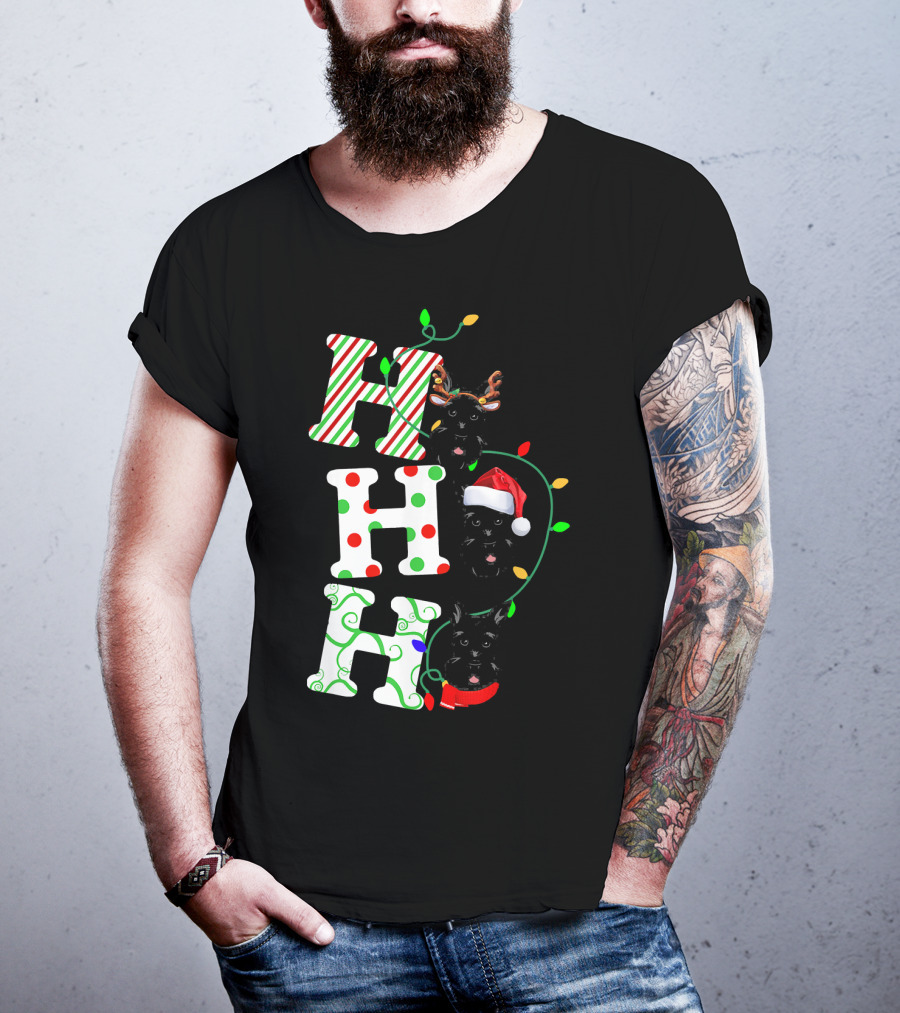 Scottish Terrier Ho Ho Ho Christmas Lights Santa Hat And Antlers T-Shirt