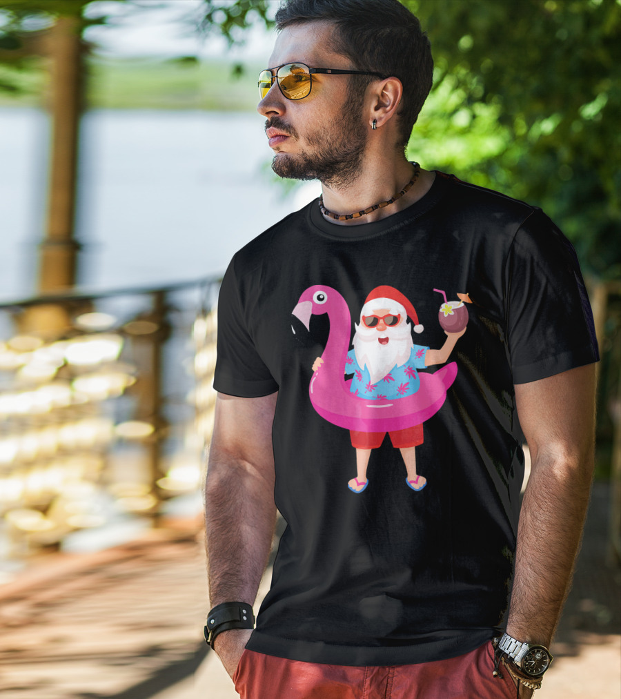Funny Santa Claus With Flamingo And Tropical Drink T-Shirt