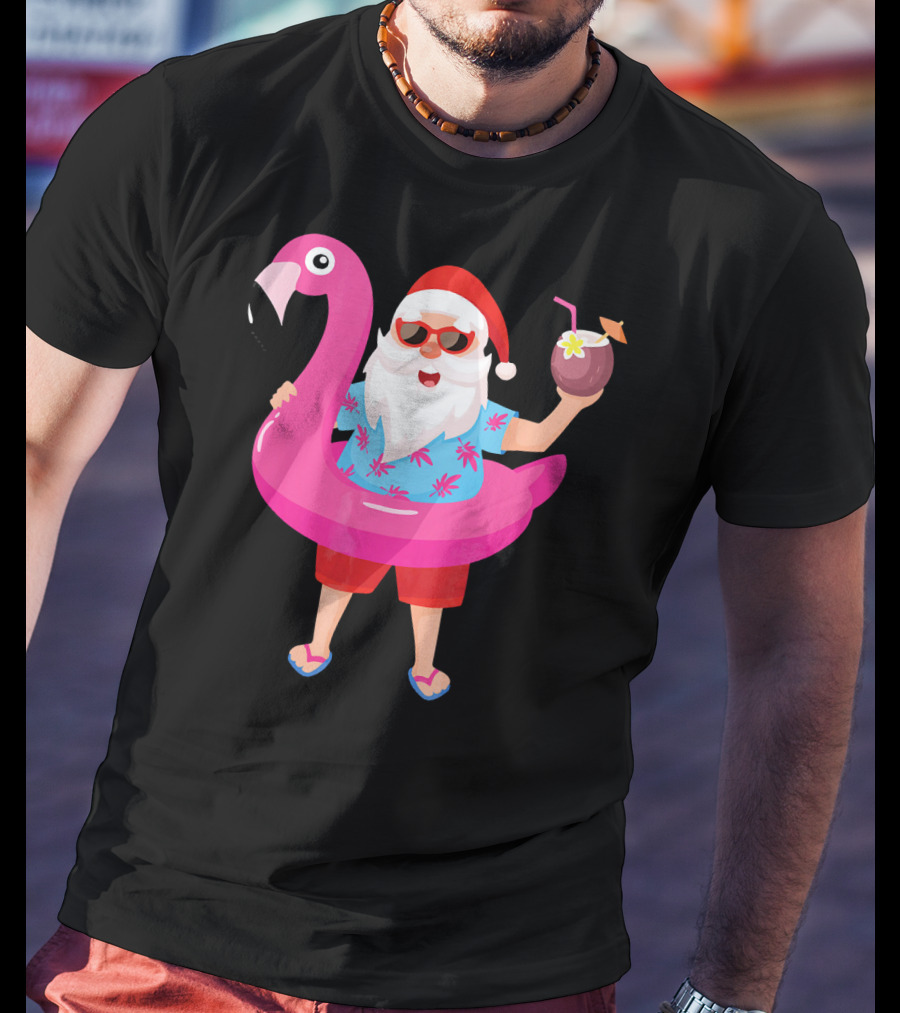 Funny Santa Claus With Flamingo And Tropical Drink T-Shirt