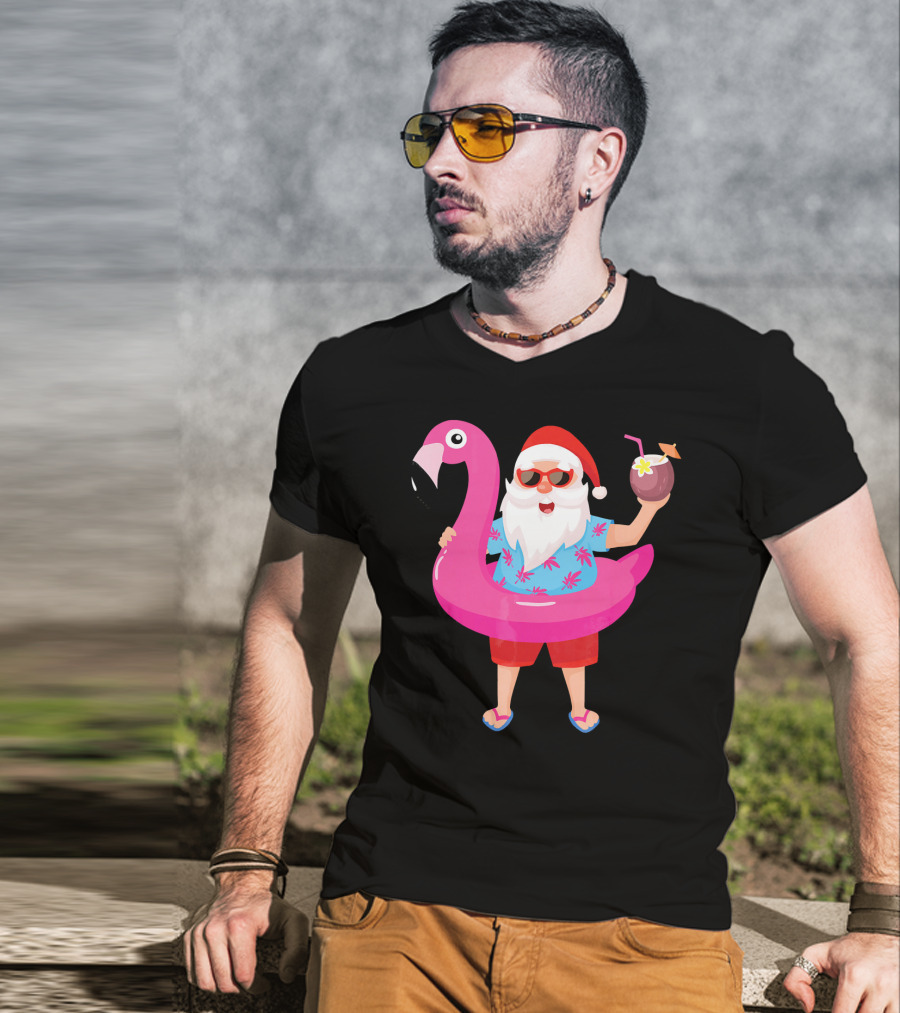Funny Santa Claus With Flamingo And Tropical Drink T-Shirt