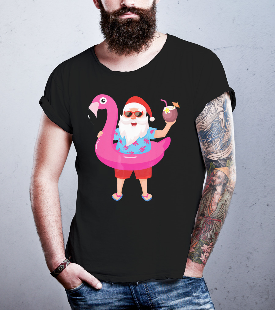 Funny Santa Claus With Flamingo And Tropical Drink T-Shirt
