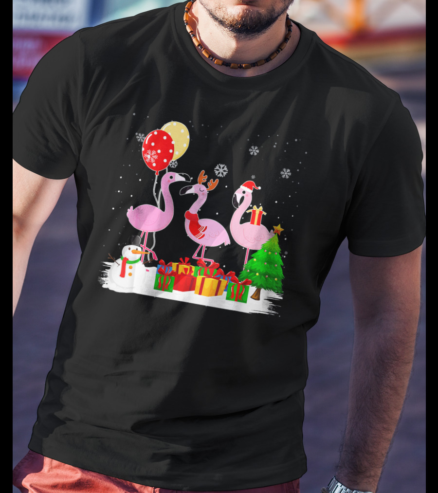 Three Flamingos Xmas Santa With Christmas Tree Presents Snowman Balloons T-Shirt