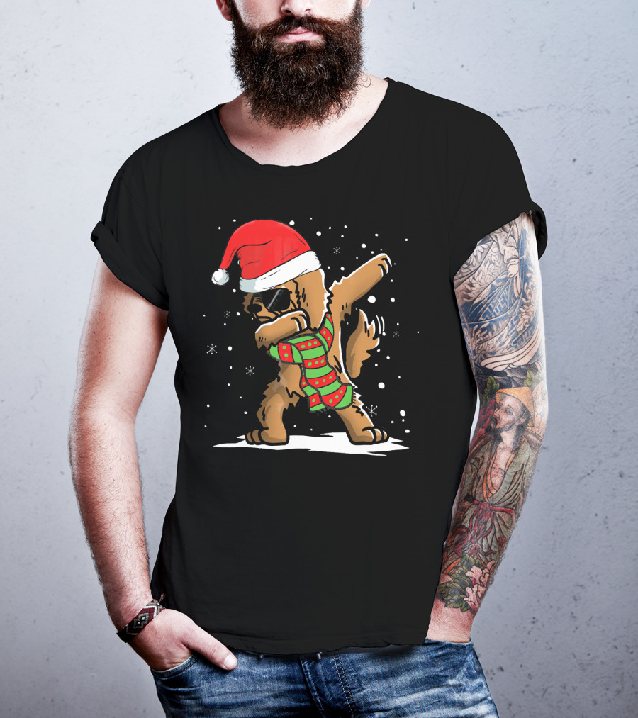 Dabbing Goldendoodle Santa With Red Hat And Christmas Scarf T-Shirt