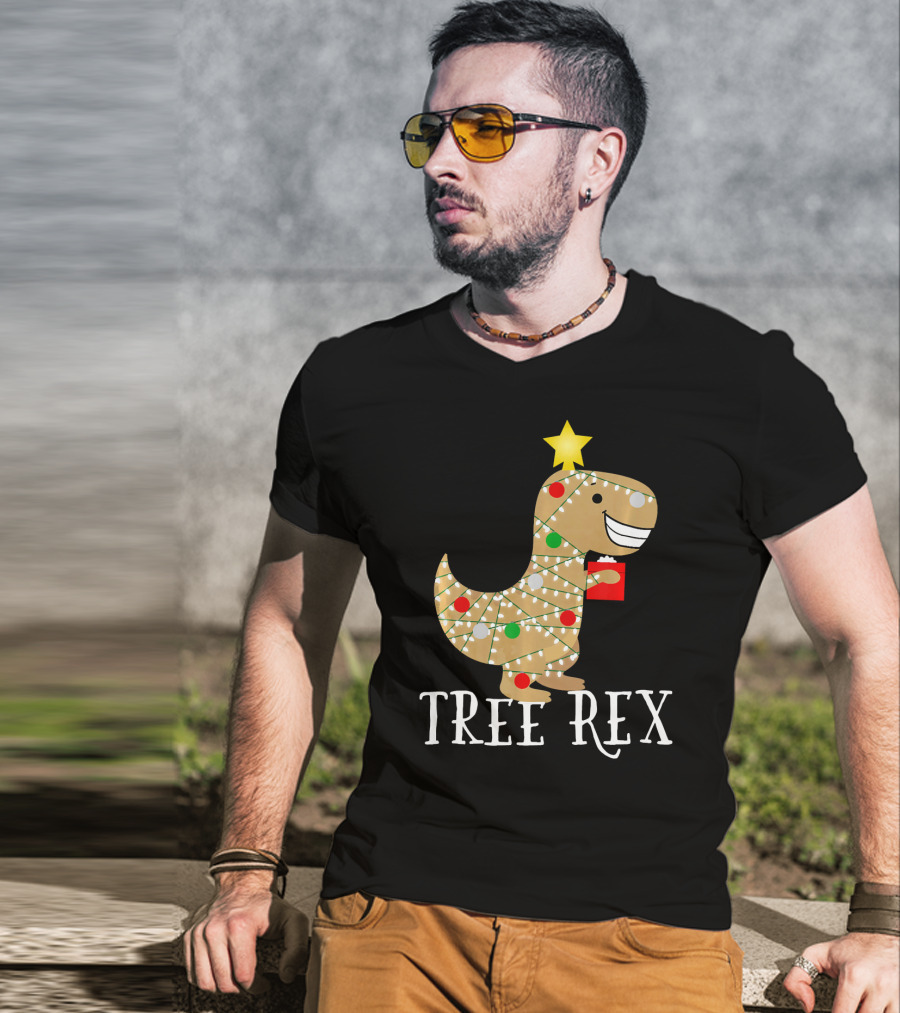 The Original Christmas Tree Rex Dinosaur With Lights And Star T-Shirt