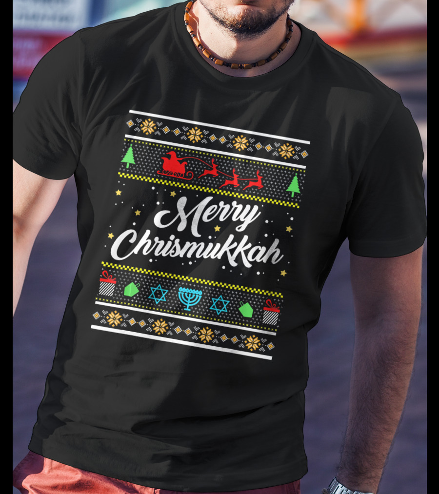 Merry Chrismukkah Santa Sleigh Menorah Stars Trees Snowflakes T-Shirt