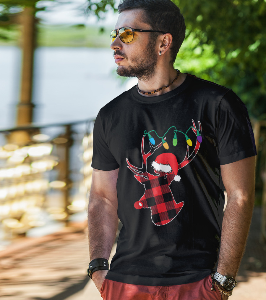 Christmas Deer Santa Hat Buffalo Plaid String Lights T-Shirt