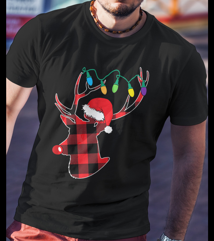Christmas Deer Santa Hat Buffalo Plaid String Lights T-Shirt