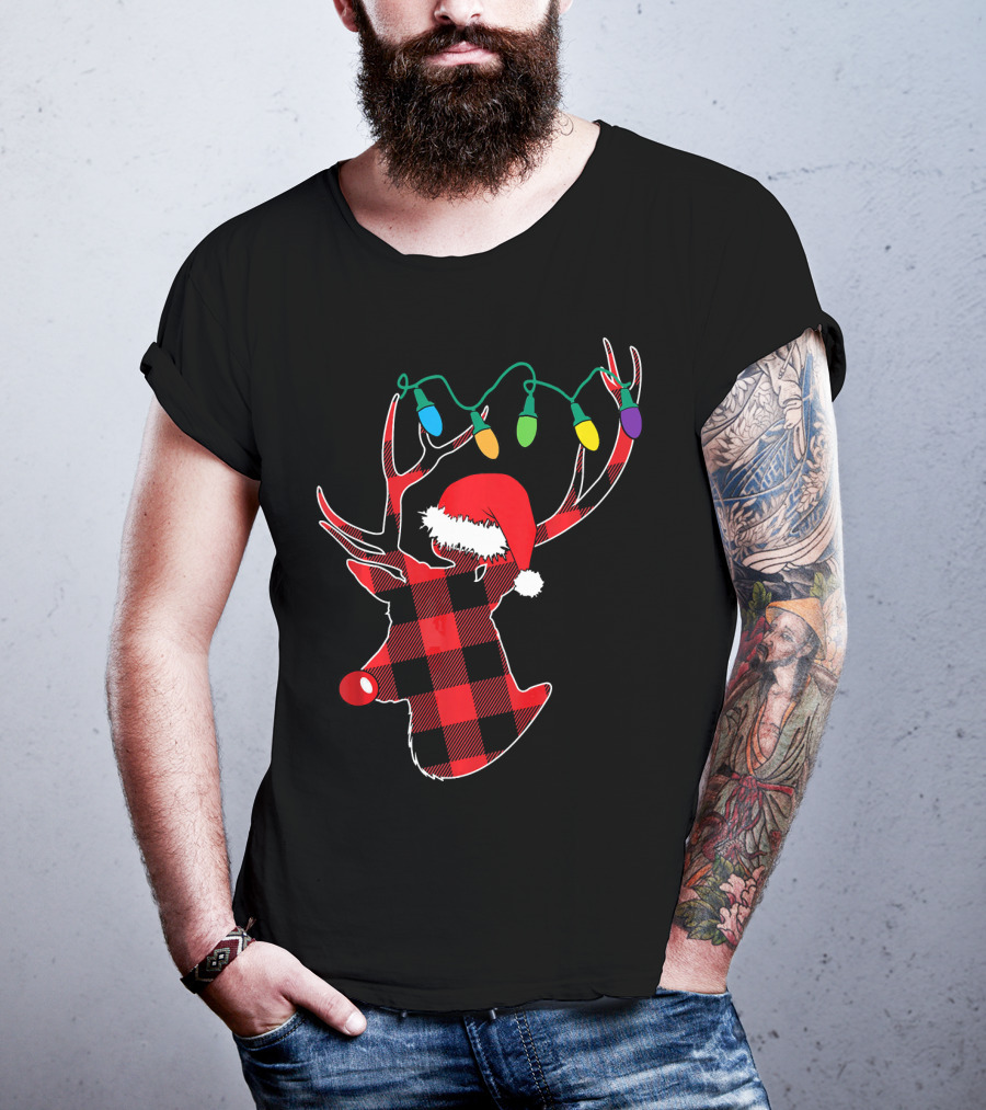 Christmas Deer Santa Hat Buffalo Plaid String Lights T-Shirt