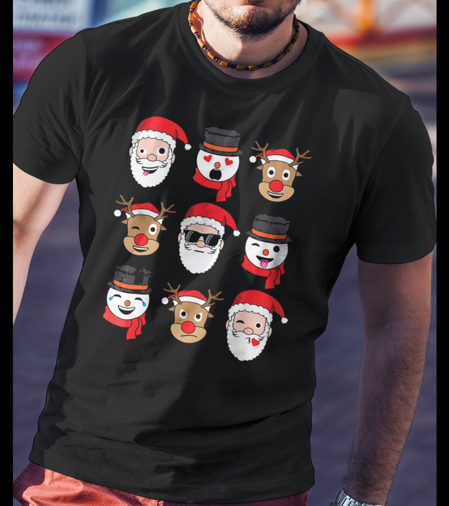 Santa Claus Emoji Faces With Reindeer And Snowman Expressions T-Shirt