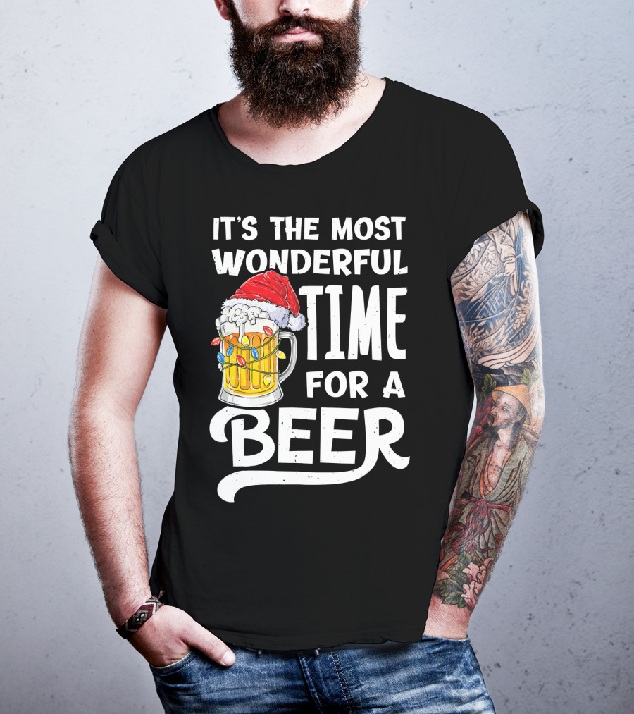 It's The Most Wonderful Time For A Beer With Santa Hat And Holiday Lights T-Shirt