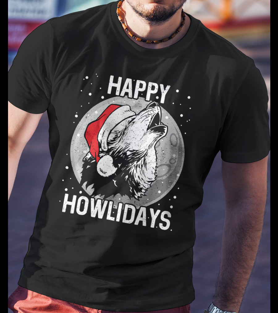 Happy Howlidays Christmas Wolf Santa Hat Moon T-Shirt