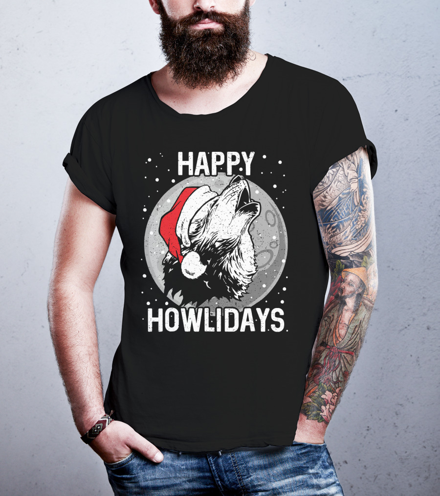 Happy Howlidays Christmas Wolf Santa Hat Moon T-Shirt