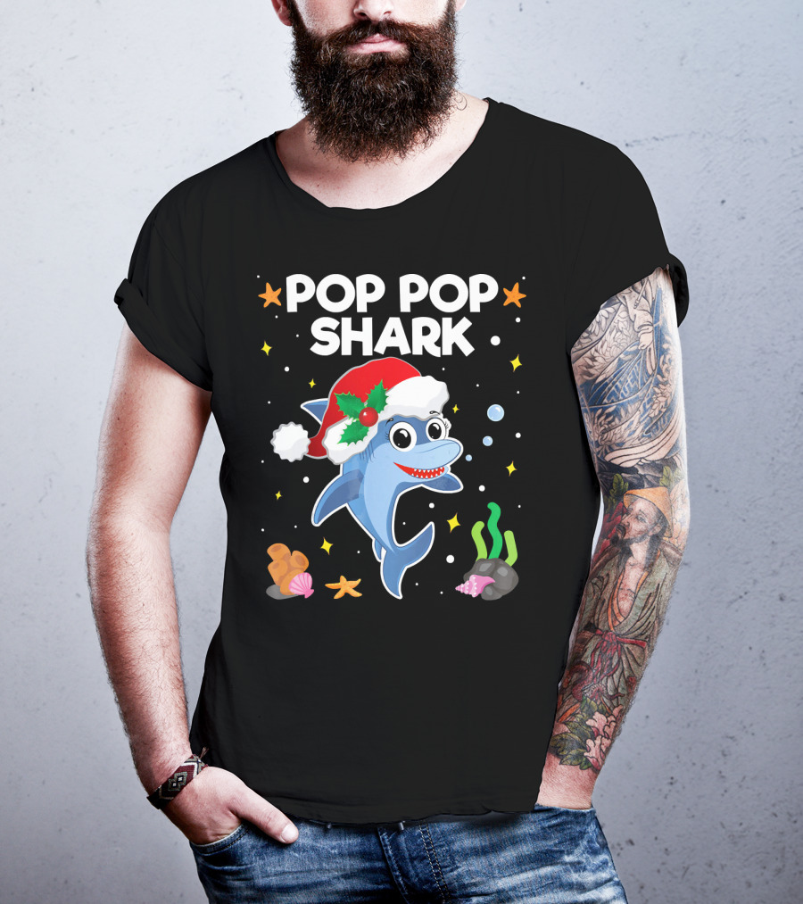 Pop Pop Shark Santa Christmas Grandpa Grandma Ocean T-Shirt