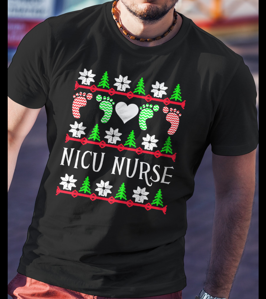 NICU Nurse Christmas Baby Feet Heart Trees T-Shirt