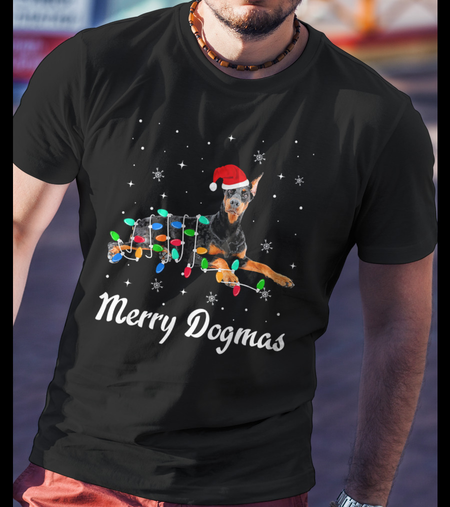 Merry Dogmas Christmas Doberman With Santa Hat And Festive Lights T-Shirt
