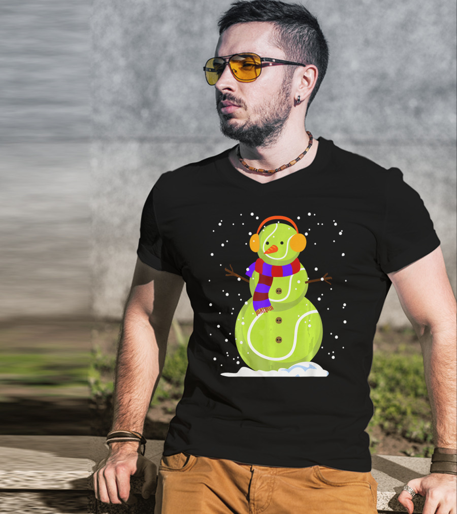 Dabbing Tennis Ball Snowman With Scarf And Earmuffs T-Shirt