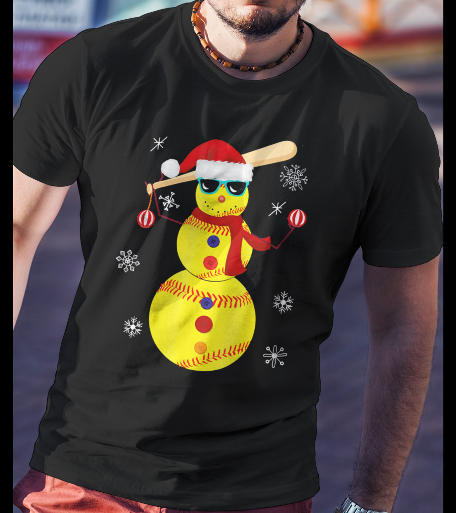 Christmas Softball Snowman With Bat And Santa Hat T-Shirt