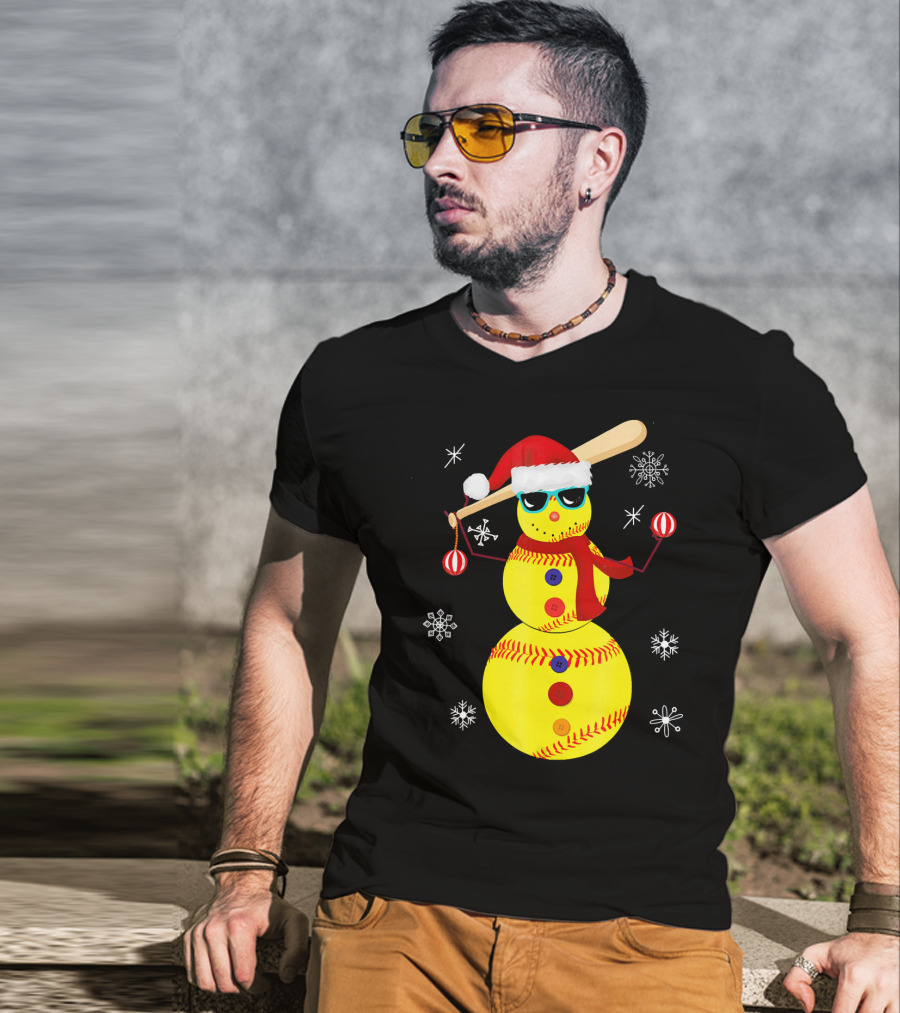 Christmas Softball Snowman With Bat And Santa Hat T-Shirt