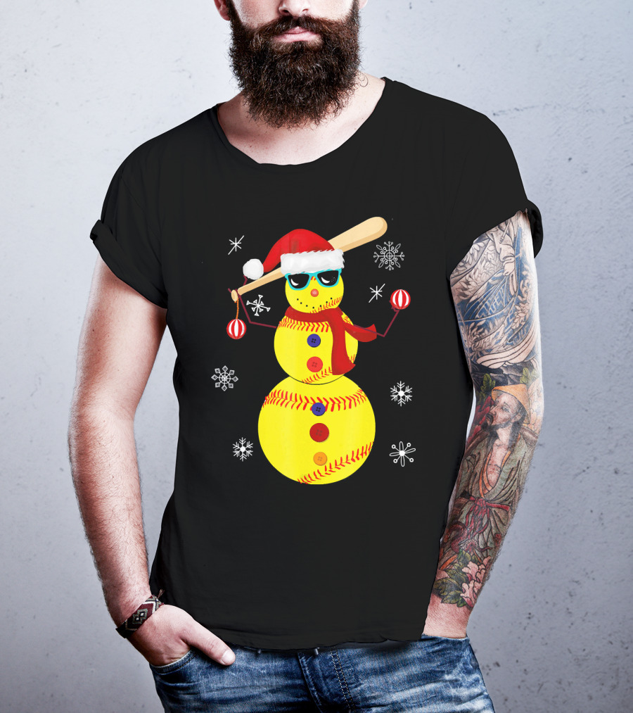 Christmas Softball Snowman With Bat And Santa Hat T-Shirt