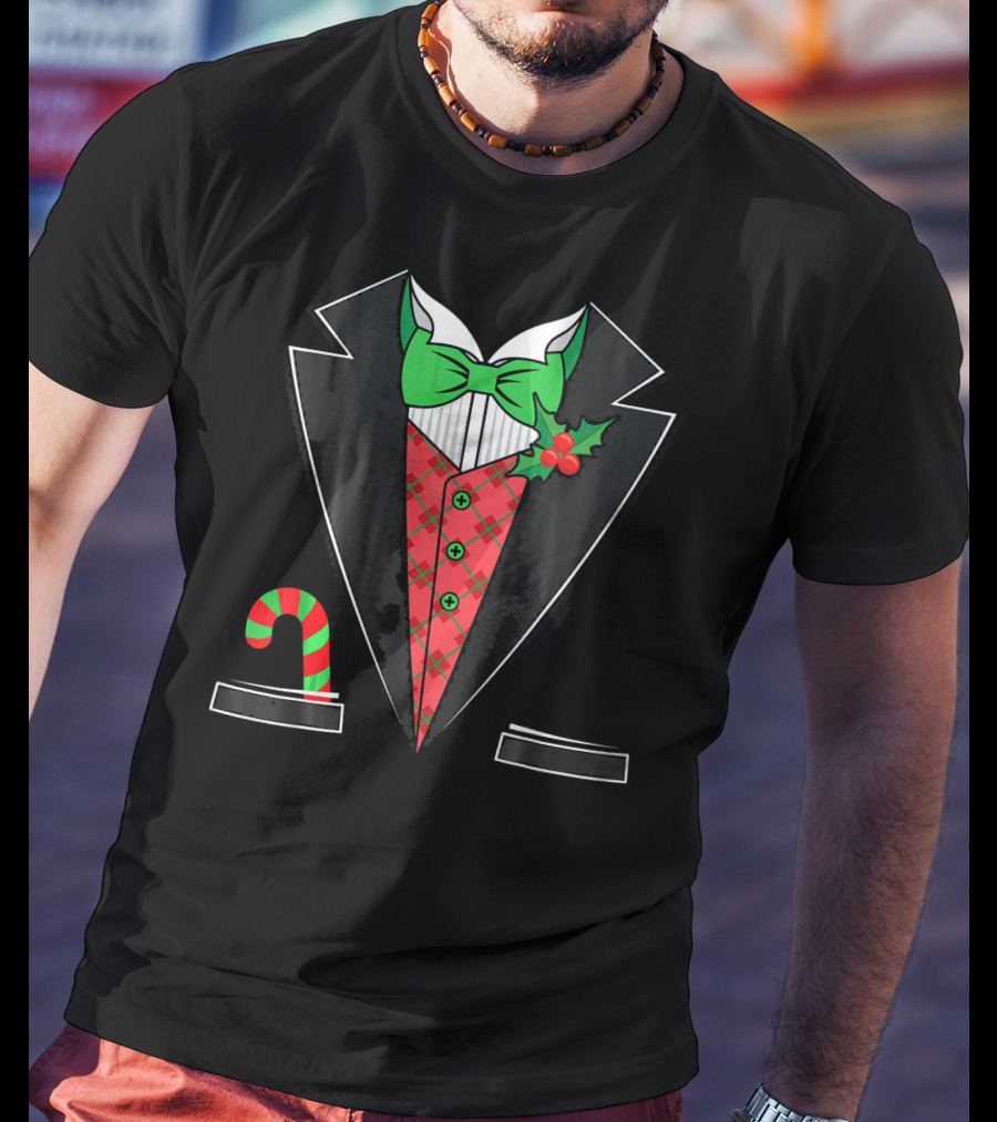 Christmas Tuxedo With Candy Cane Pattern And Festive Bow Tie T-Shirt