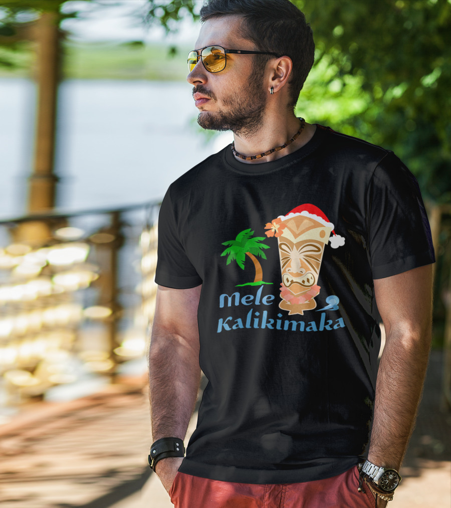 Mele Kalikimaka Hawaiian Christmas Tiki With Palm Tree And Santa Hat T-Shirt