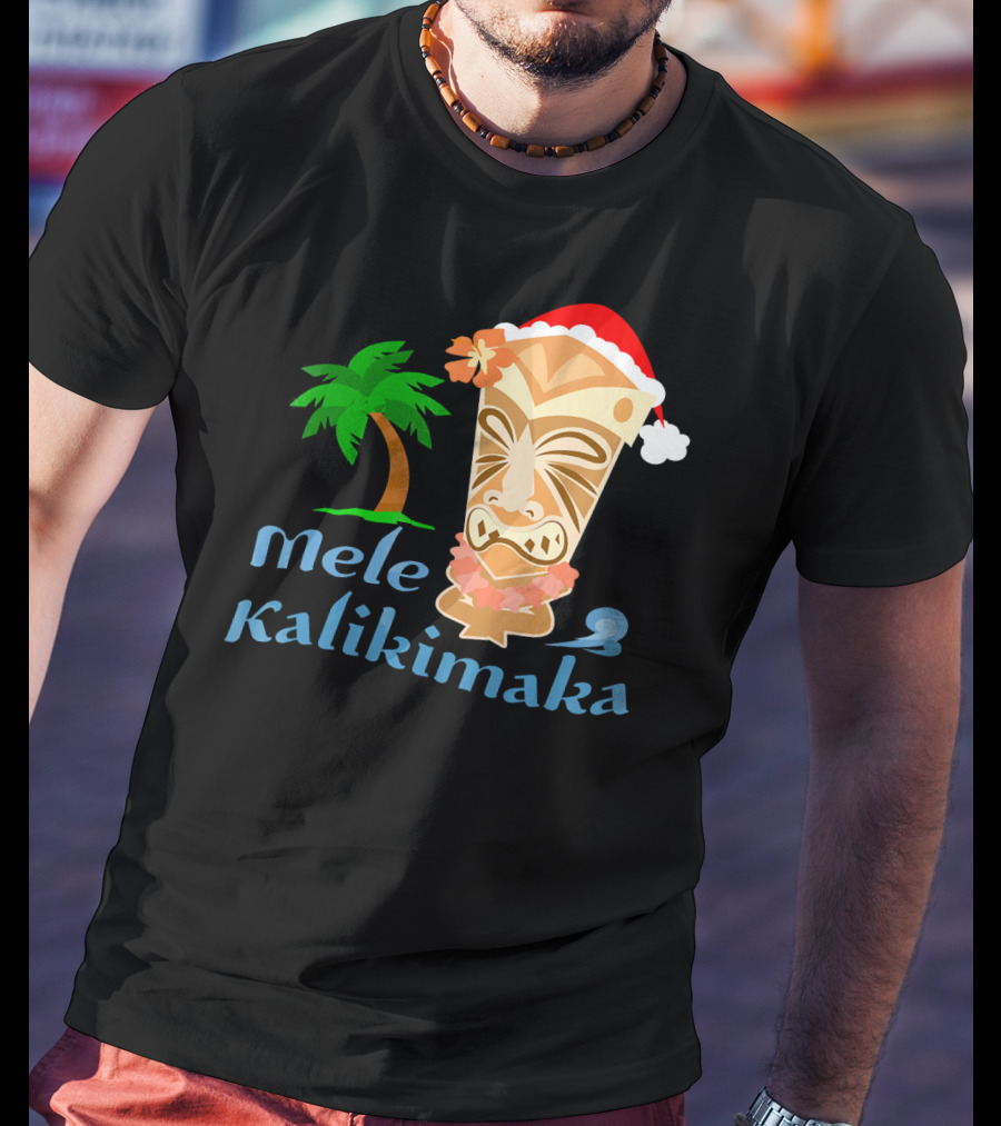 Mele Kalikimaka Hawaiian Christmas Tiki With Palm Tree And Santa Hat T-Shirt