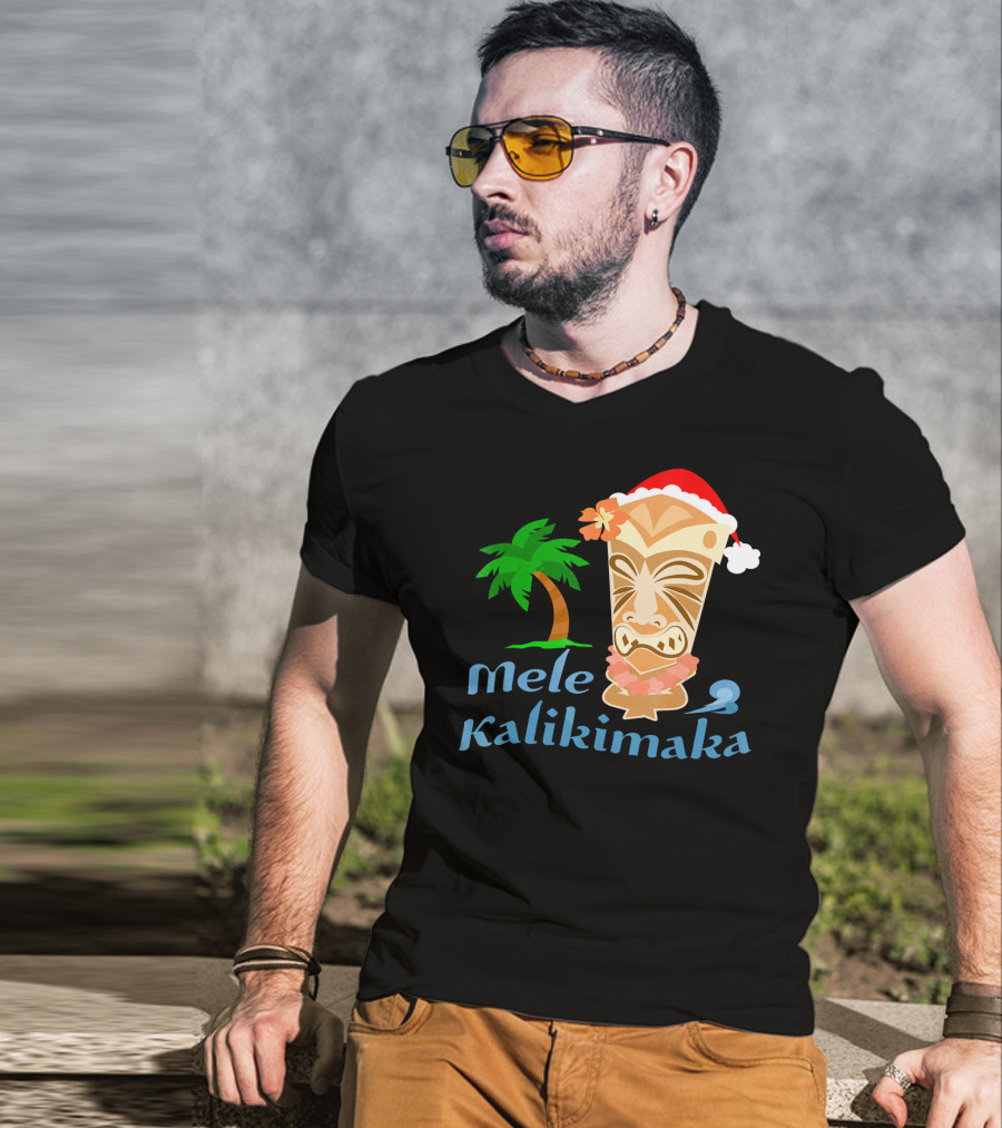 Mele Kalikimaka Hawaiian Christmas Tiki With Palm Tree And Santa Hat T-Shirt
