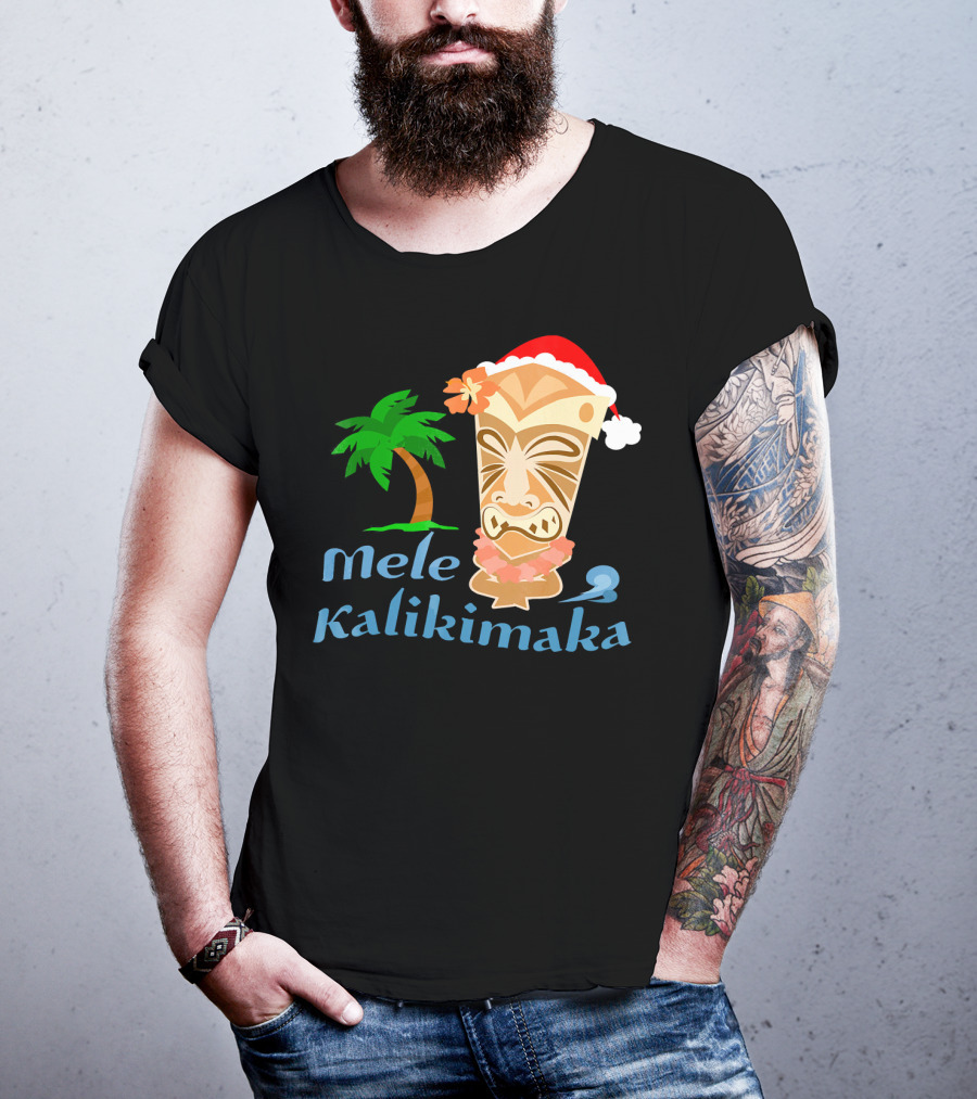 Mele Kalikimaka Hawaiian Christmas Tiki With Palm Tree And Santa Hat T-Shirt