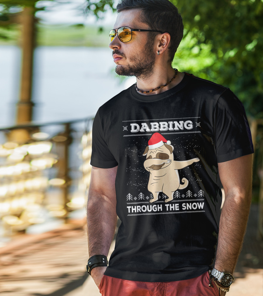 Dabbing Pug Through The Snow Santa Hat T-Shirt