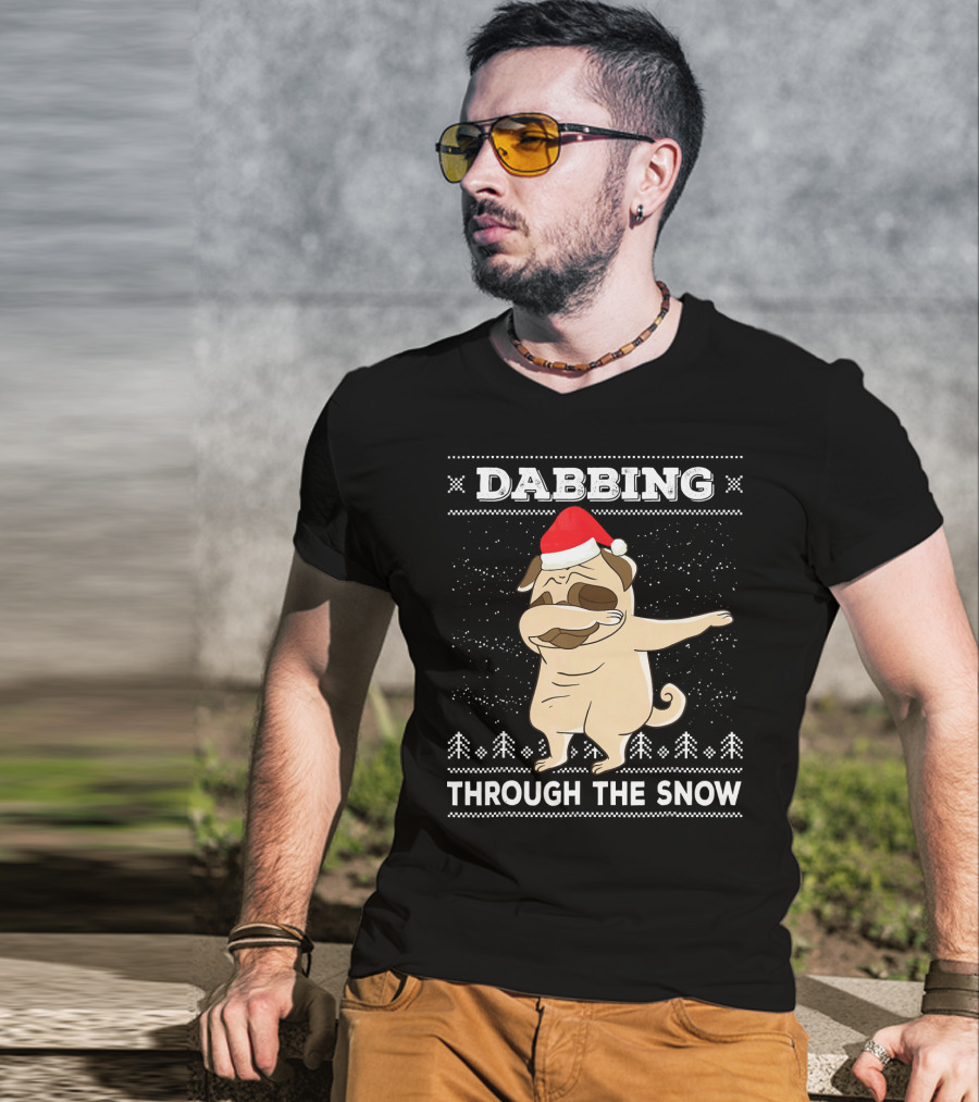 Dabbing Pug Through The Snow Santa Hat T-Shirt