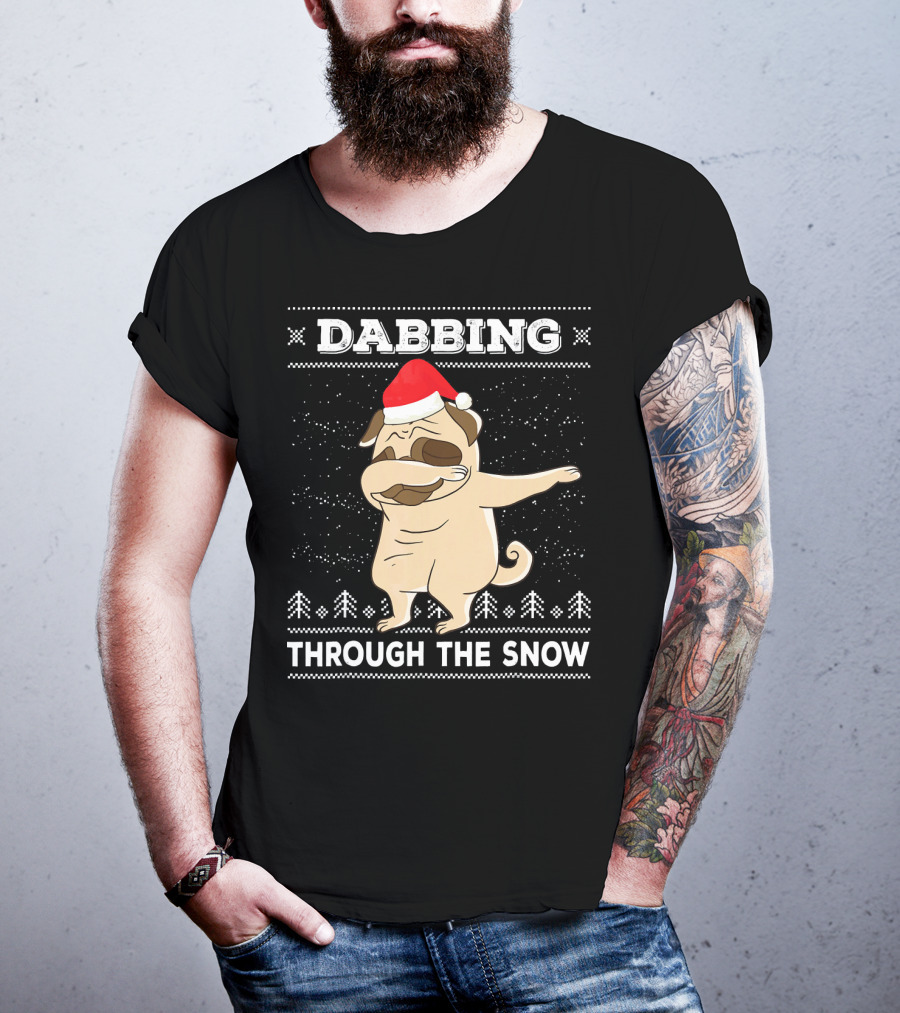 Dabbing Pug Through The Snow Santa Hat T-Shirt