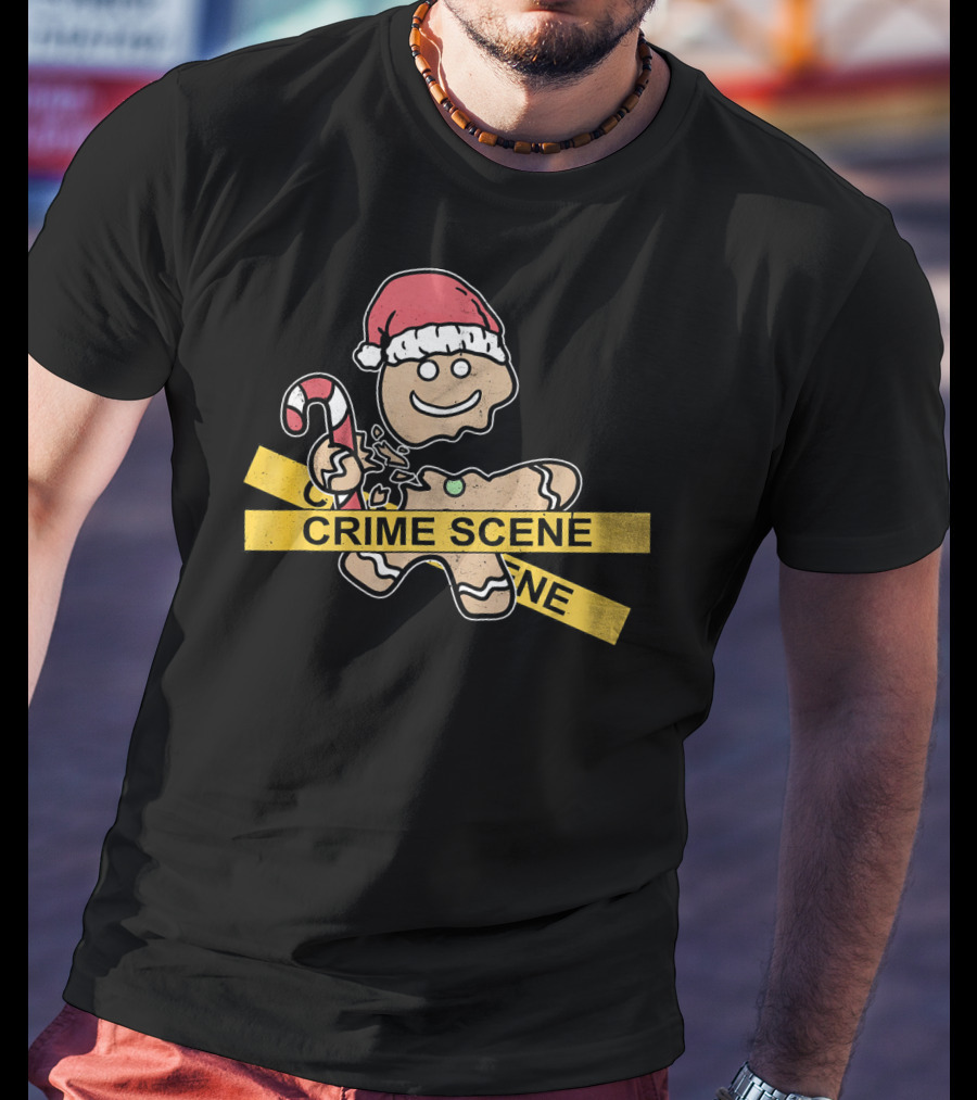 Gingerbread Cookie Crime Scene Santa Hat Candy Cane Christmas T-Shirt